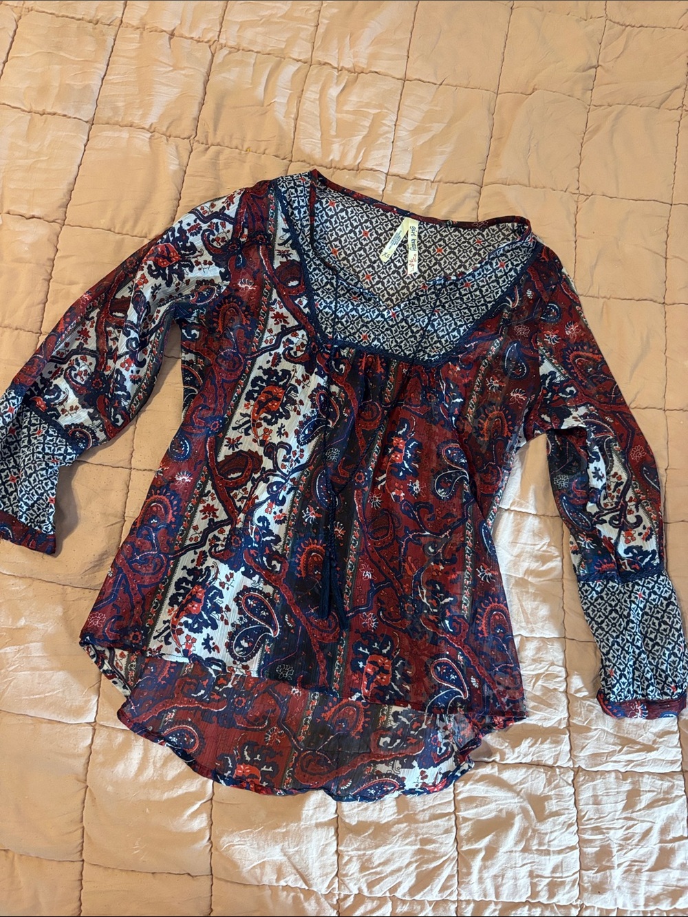 Women's Red Paisley Peasant Blouse - Boho Long Sleeve Top